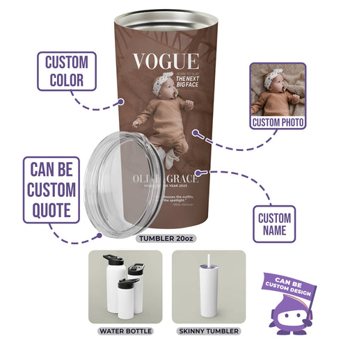 Custom Vogue Magazine Style Tumbler – Personalized Baby & Mom Fashion Cover Gift
